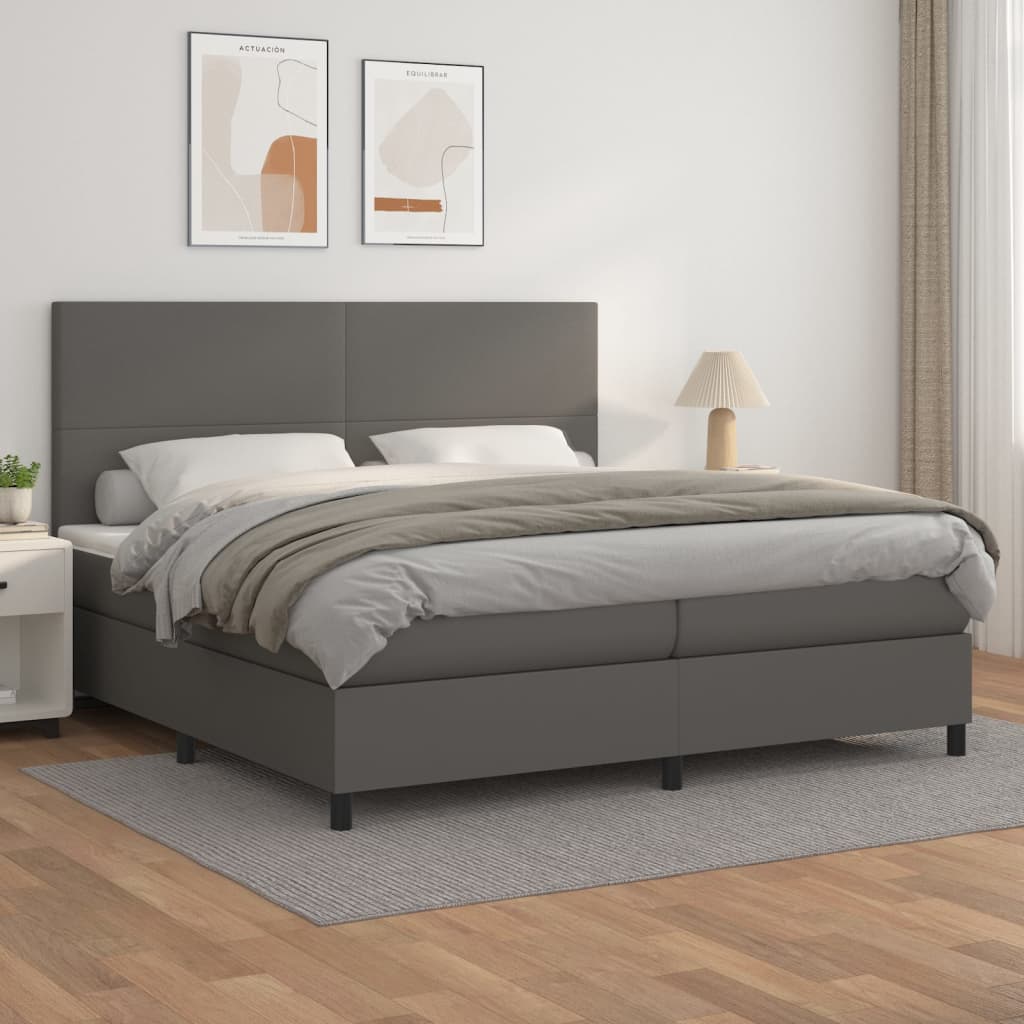 Pat box spring cu saltea, gri, 200x200 cm, piele ecologică