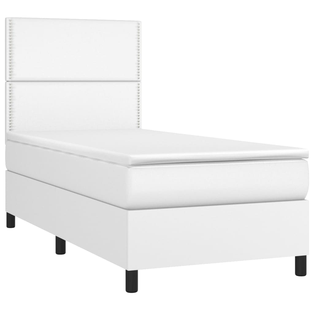 Pat box spring cu saltea, alb, 90x190 cm, piele ecologică