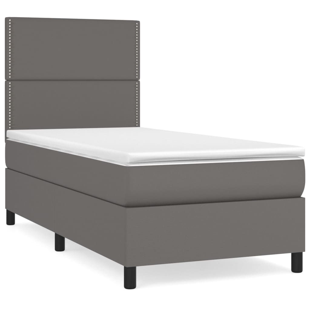 Pat box spring cu saltea, gri, 90x190 cm, piele ecologică