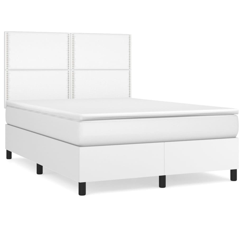 Pat box spring cu saltea, alb, 140x190 cm, piele ecologică