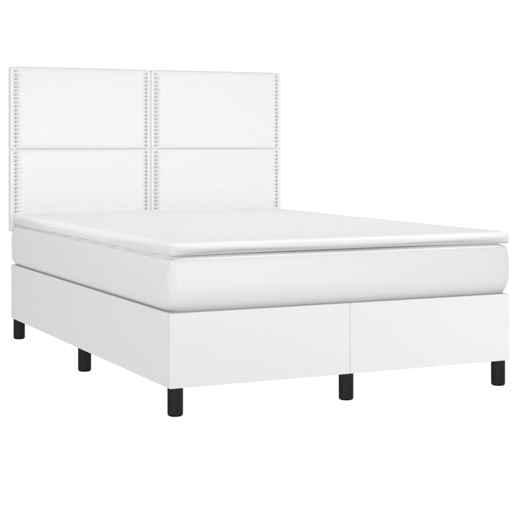 Pat box spring cu saltea, alb, 140x190 cm, piele ecologică