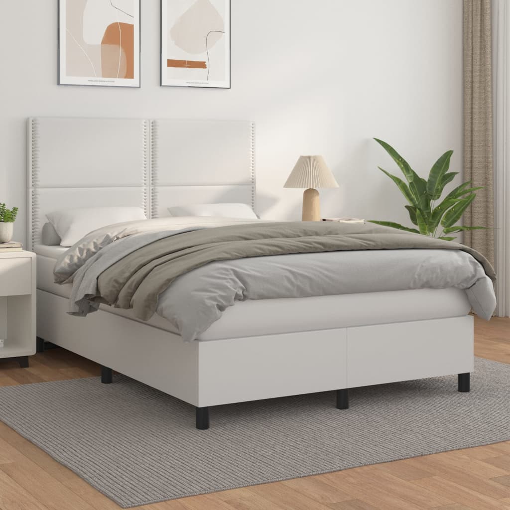 Pat box spring cu saltea, alb, 140x190 cm, piele ecologică