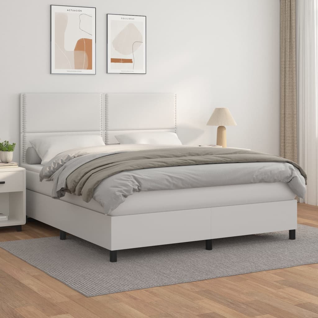 Pat box spring cu saltea, alb, 160x200 cm, piele ecologică