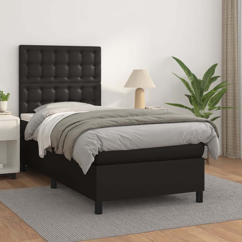 Pat box spring cu saltea, negru, 80x200 cm, piele ecologică