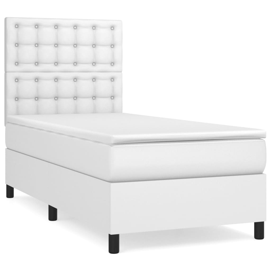 Pat box spring cu saltea, alb, 90x190 cm, piele ecologică