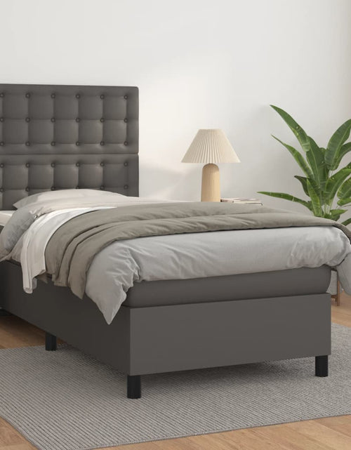 Încărcați imaginea în vizualizatorul Galerie, Pat box spring cu saltea, gri, 90x190 cm, piele ecologică
