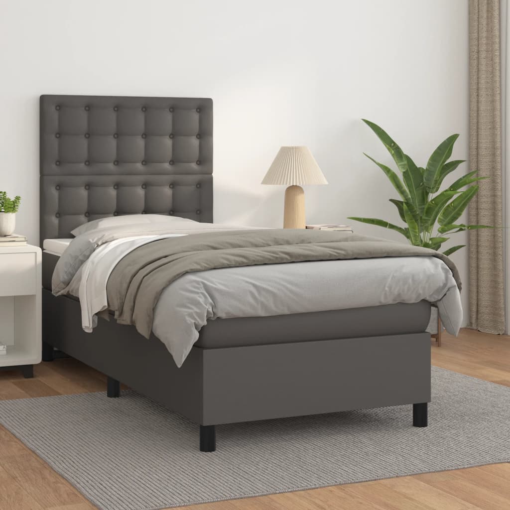 Pat box spring cu saltea, gri, 90x190 cm, piele ecologică