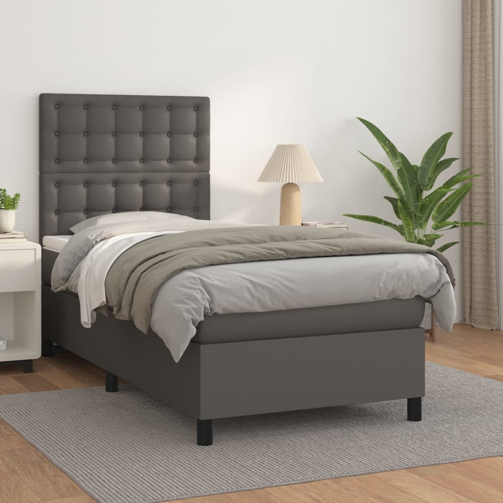 Pat box spring cu saltea, gri, 90x200 cm, piele ecologică