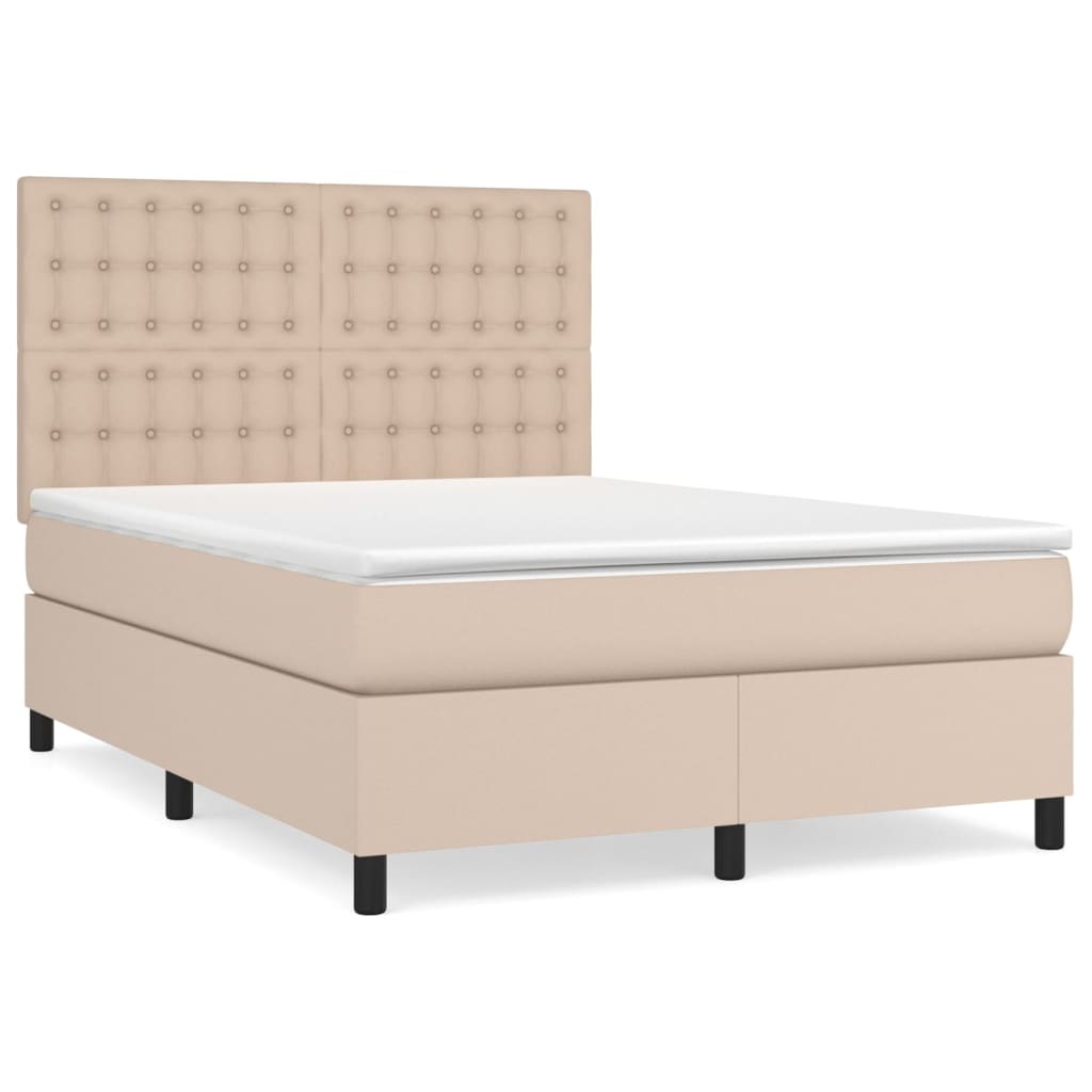 Pat box spring cu saltea, cappuccino, 140x190cm piele ecologică