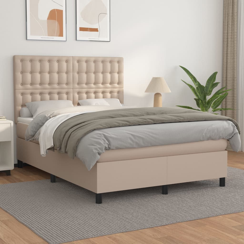 Pat box spring cu saltea, cappuccino, 140x190cm piele ecologică