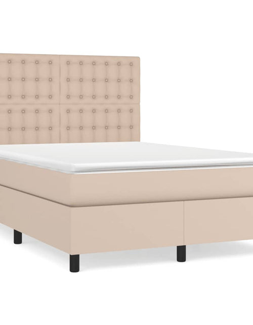 Încărcați imaginea în vizualizatorul Galerie, Pat box spring cu saltea, cappuccino, 140x200cm piele ecologică
