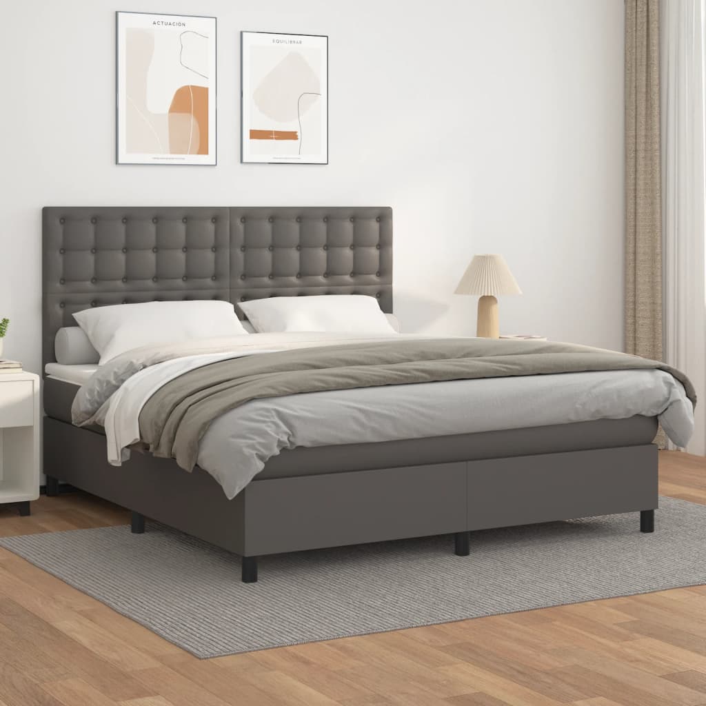 Pat box spring cu saltea, gri, 180x200 cm, piele ecologică