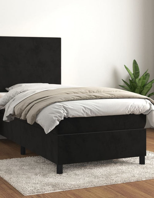 Загрузите изображение в средство просмотра галереи, Pat box spring cu saltea, negru, 80x200 cm, catifea
