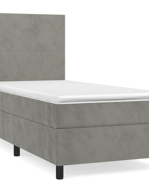 Загрузите изображение в средство просмотра галереи, Pat box spring cu saltea, gri deschis, 90x200 cm, catifea
