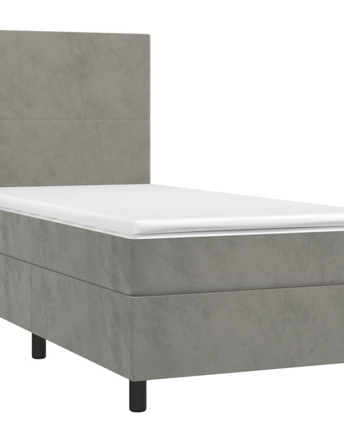 Загрузите изображение в средство просмотра галереи, Pat box spring cu saltea, gri deschis, 90x200 cm, catifea
