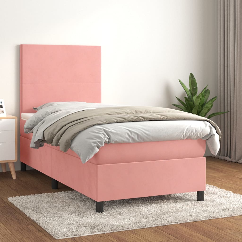 Pat box spring cu saltea, roz, 100x200 cm, catifea