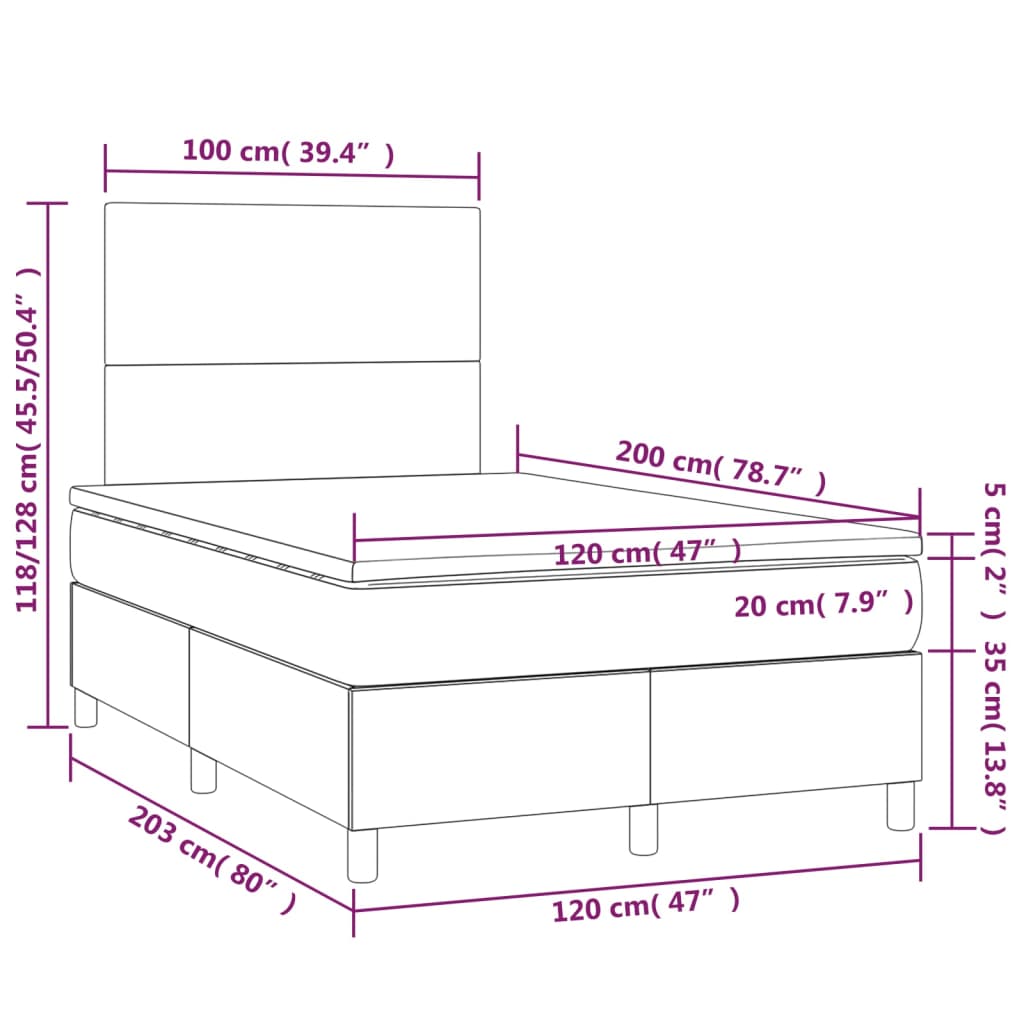 Pat box spring cu saltea, albastru închis, 120x200 cm, catifea