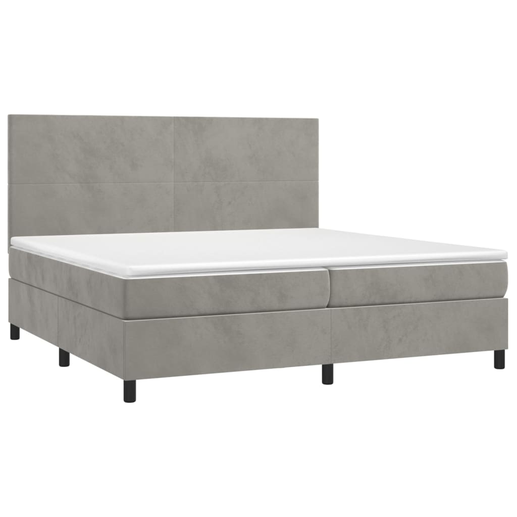 Pat box spring cu saltea, gri deschis, 200x200 cm, catifea