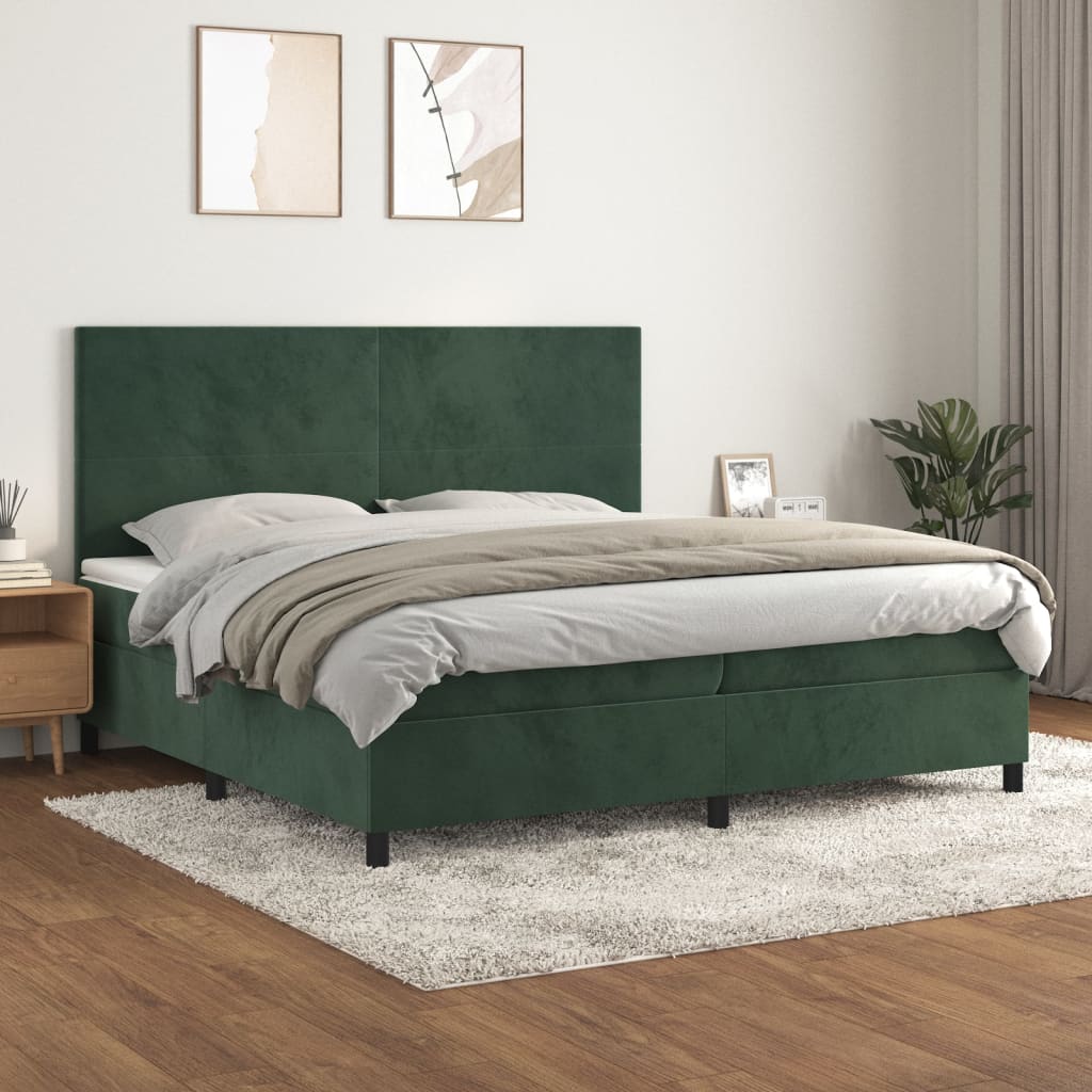 Pat box spring cu saltea, verde închis, 200x200 cm, catifea