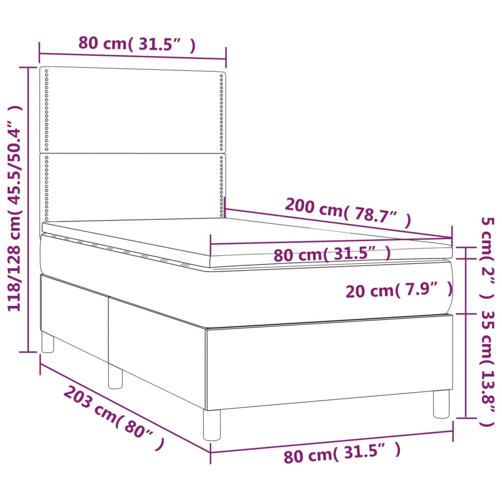 Pat box spring cu saltea, gri închis, 80x200 cm, catifea