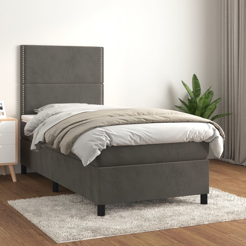 Pat box spring cu saltea, gri închis, 80x200 cm, catifea