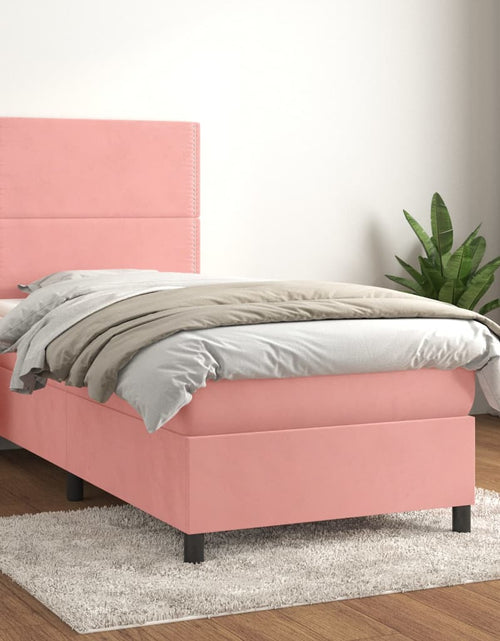 Загрузите изображение в средство просмотра галереи, Pat box spring cu saltea, roz, 80x200 cm, catifea
