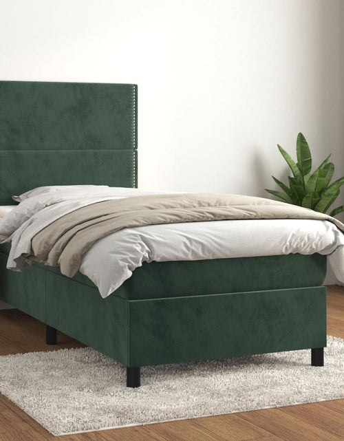 Încărcați imaginea în vizualizatorul Galerie, Pat box spring cu saltea, verde închis, 90x200 cm, catifea
