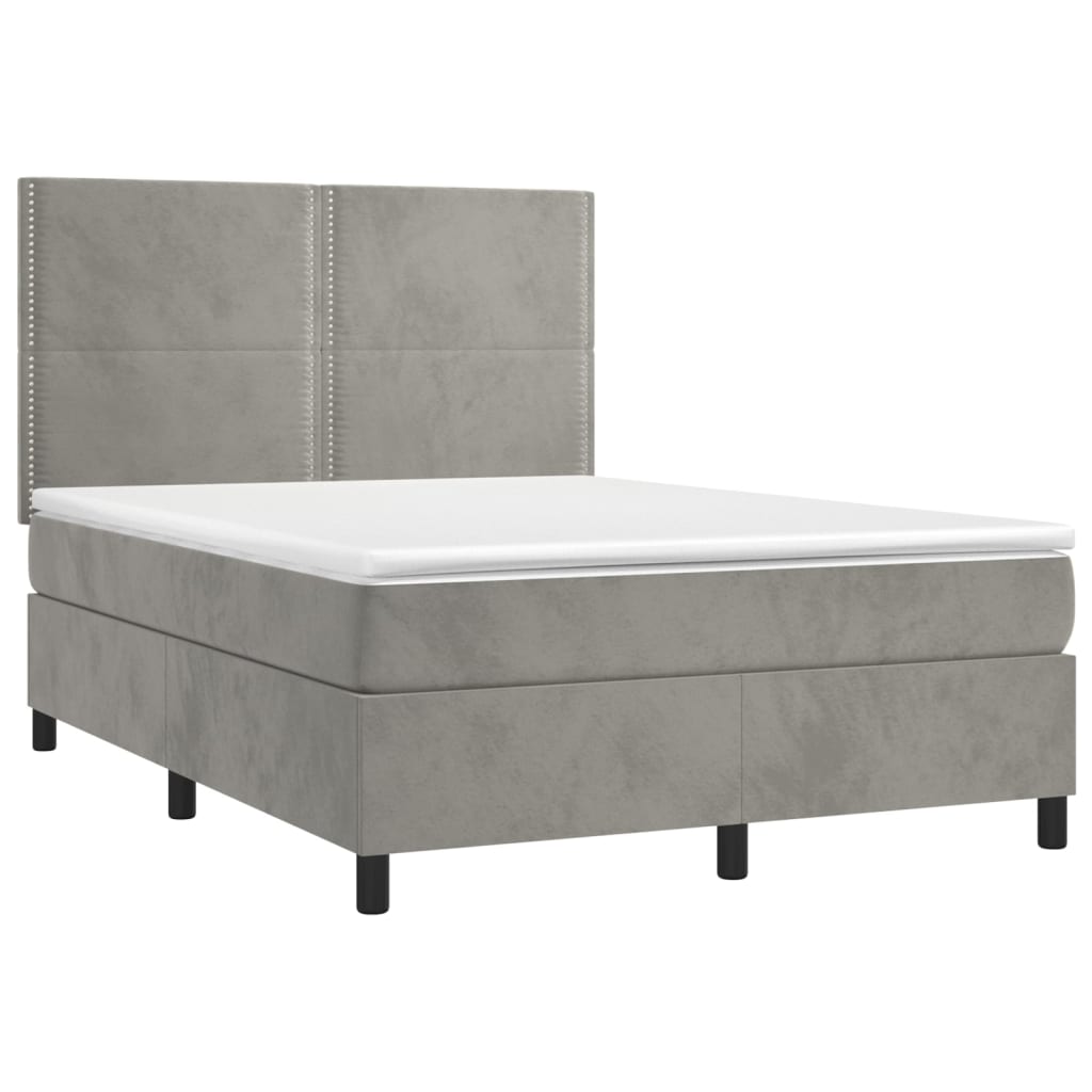 Pat box spring cu saltea, gri deschis, 140x190 cm, catifea