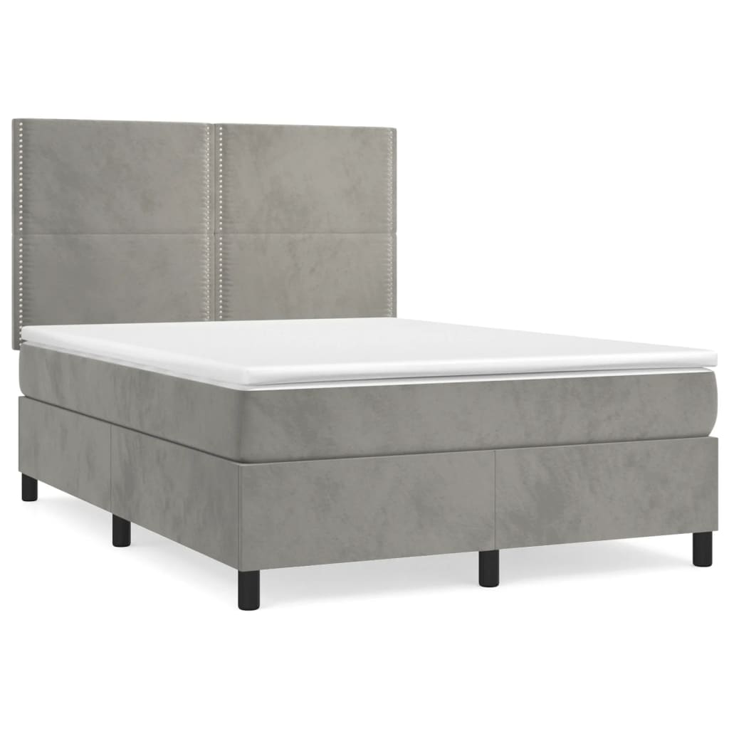 Pat box spring cu saltea, gri deschis, 140x200 cm, catifea