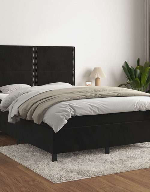 Загрузите изображение в средство просмотра галереи, Pat box spring cu saltea, negru, 140x200 cm, catifea
