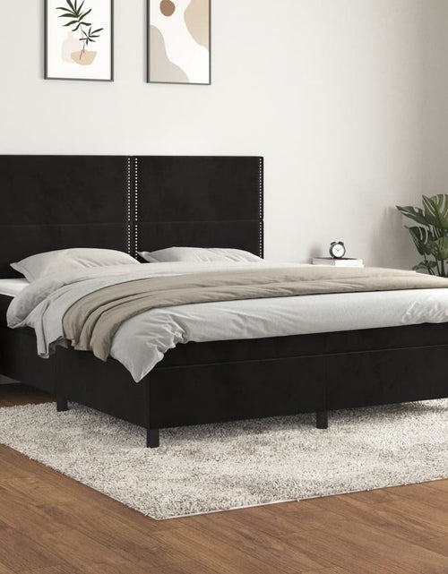 Загрузите изображение в средство просмотра галереи, Pat box spring cu saltea, negru, 160x200 cm, catifea
