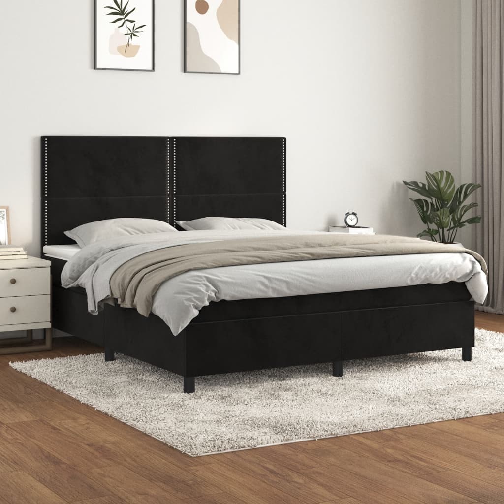 Pat box spring cu saltea, negru, 160x200 cm, catifea