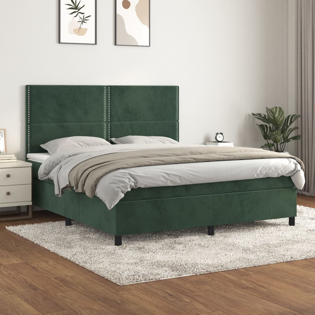 Pat box spring cu saltea, verde închis, 160x200 cm, catifea