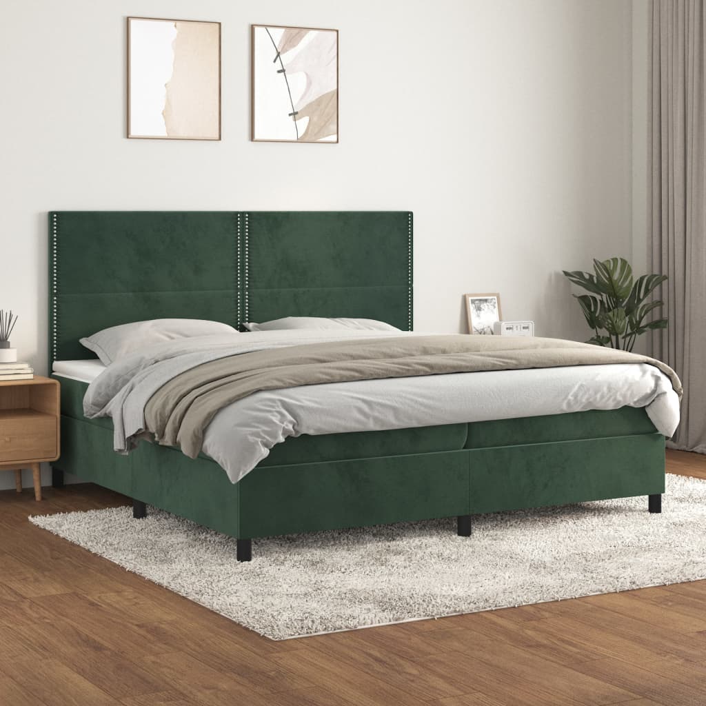 Pat box spring cu saltea, verde închis, 200x200 cm, catifea