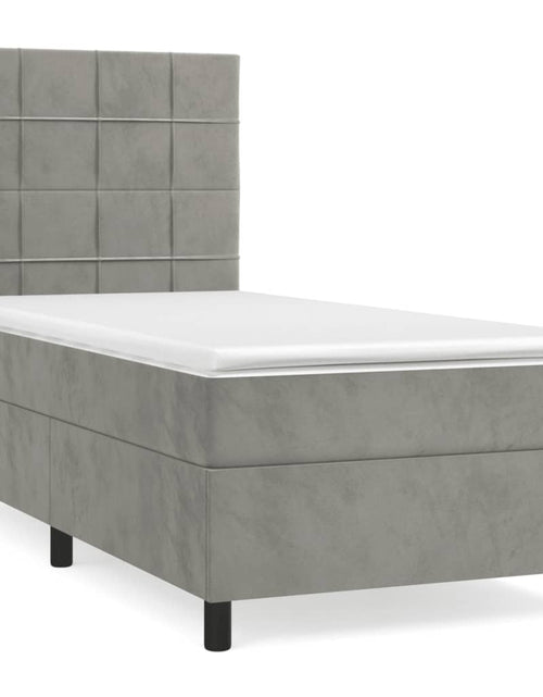 Загрузите изображение в средство просмотра галереи, Pat box spring cu saltea, gri deschis, 90x200 cm, catifea
