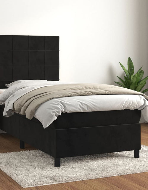 Загрузите изображение в средство просмотра галереи, Pat box spring cu saltea, negru, 90x200 cm, catifea
