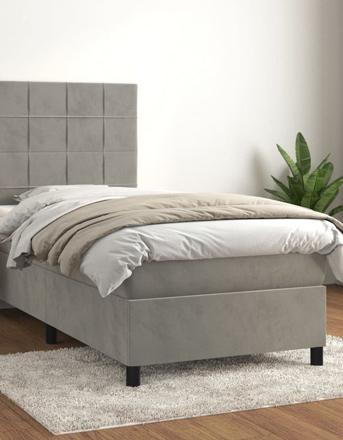 Загрузите изображение в средство просмотра галереи, Pat box spring cu saltea, gri deschis, 100x200 cm, catifea
