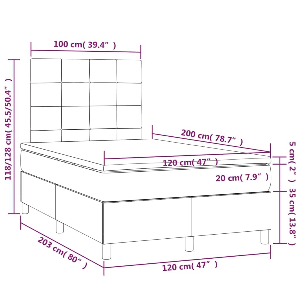 Pat box spring cu saltea, albastru închis, 120x200 cm, catifea