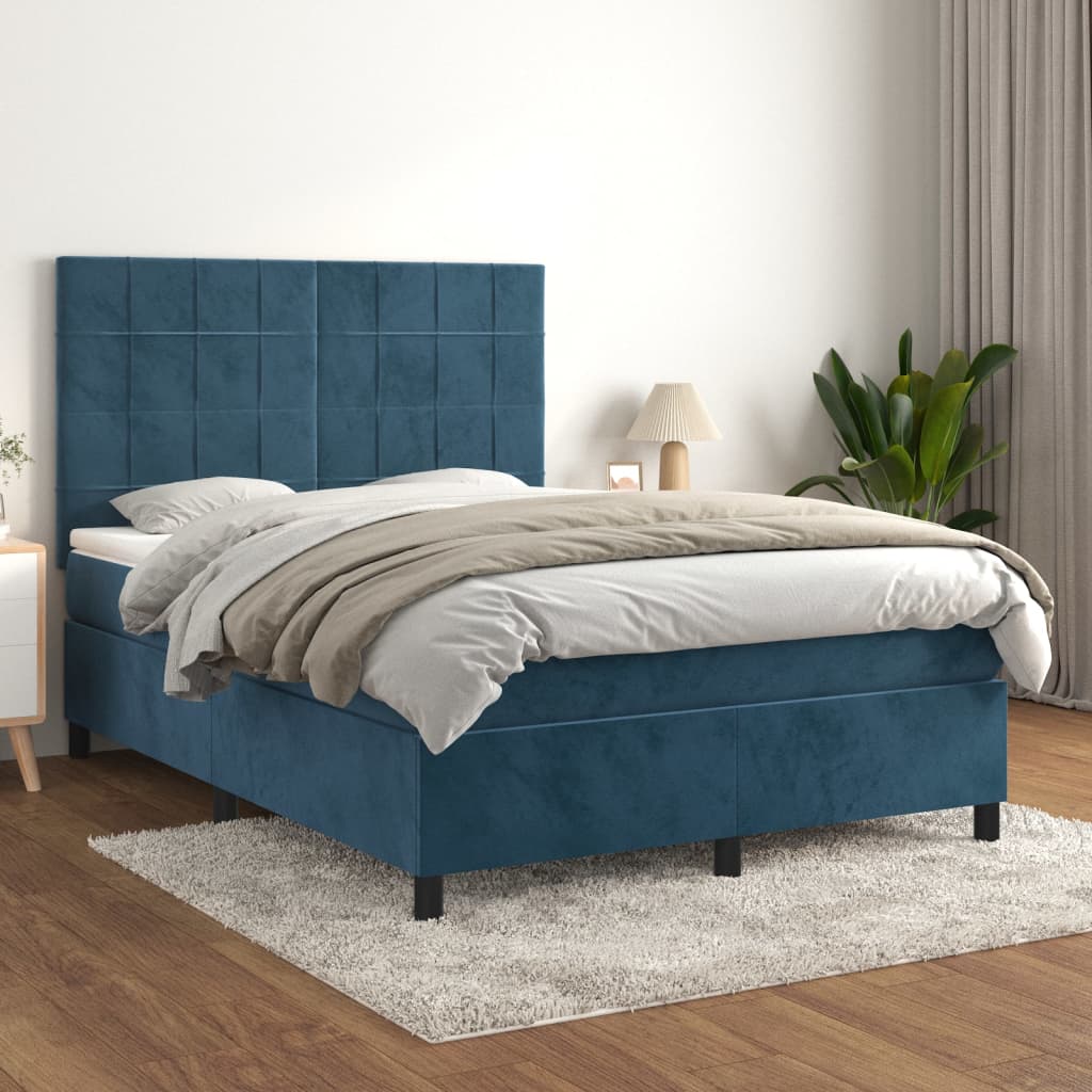 Pat box spring cu saltea, albastru închis, 140x190 cm, catifea