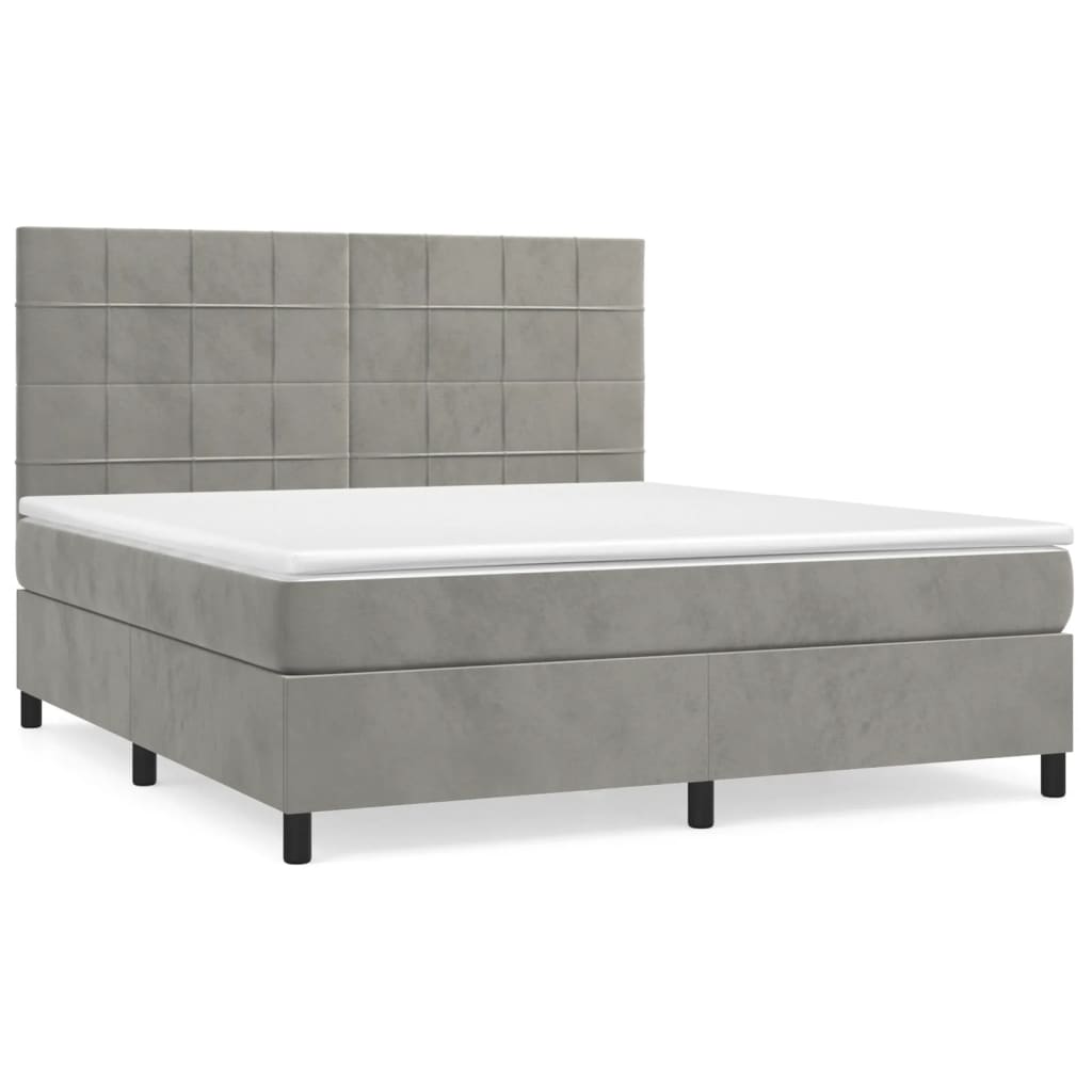 Pat box spring cu saltea, gri deschis, 180x200 cm, catifea