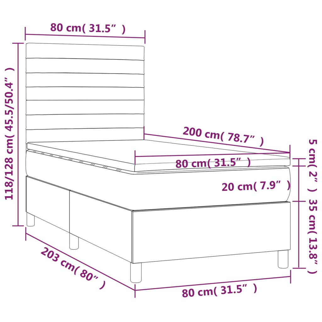 Pat box spring cu saltea, gri închis, 80x200 cm, catifea