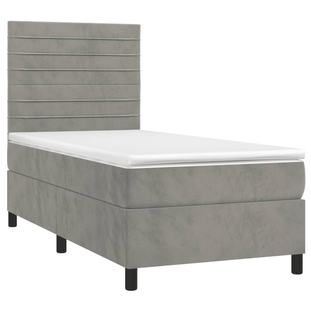 Pat box spring cu saltea, gri deschis, 90x190 cm, catifea