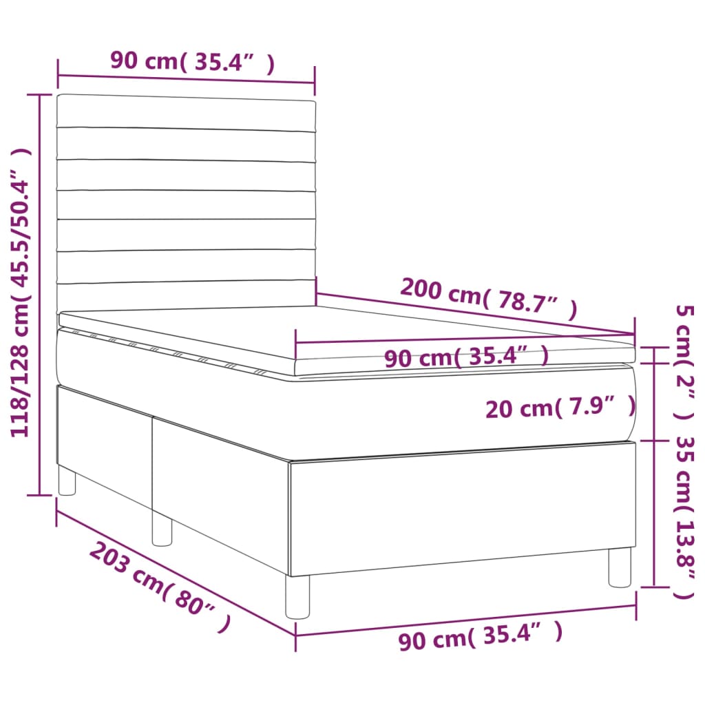 Pat box spring cu saltea, gri deschis, 90x200 cm, catifea