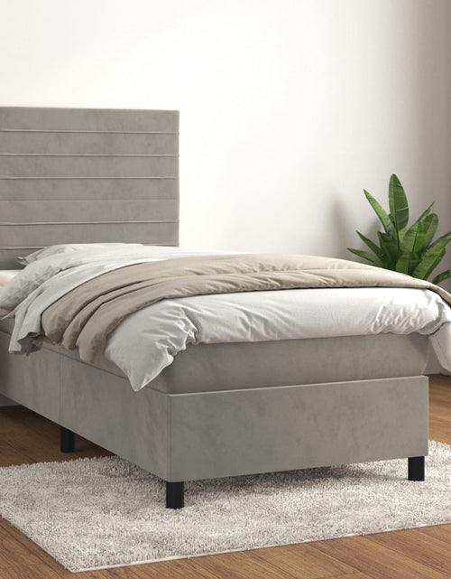 Загрузите изображение в средство просмотра галереи, Pat box spring cu saltea, gri deschis, 90x200 cm, catifea
