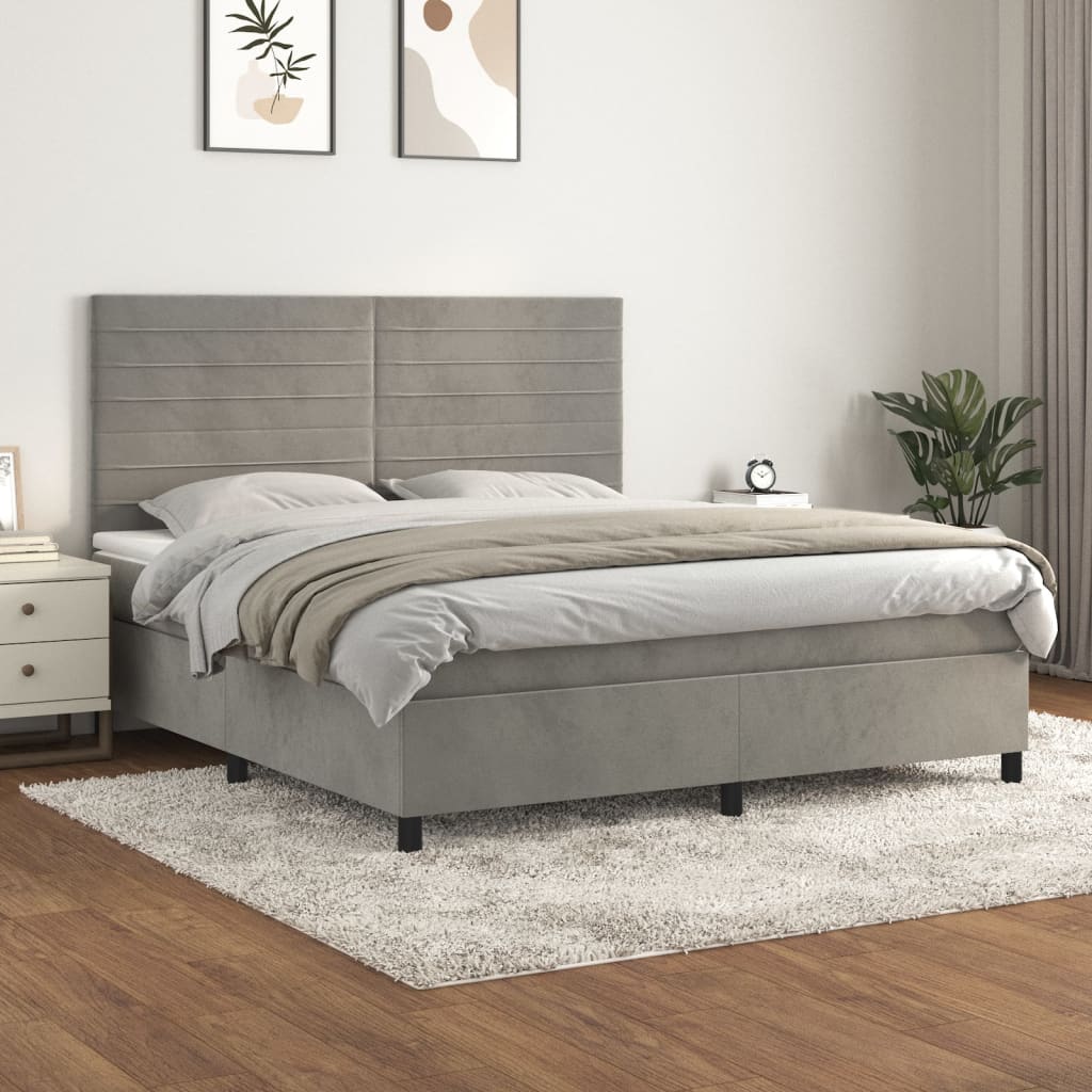 Pat box spring cu saltea, gri deschis, 160x200 cm, catifea