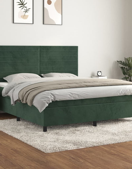 Încărcați imaginea în vizualizatorul Galerie, Pat box spring cu saltea, verde închis, 160x200 cm, catifea
