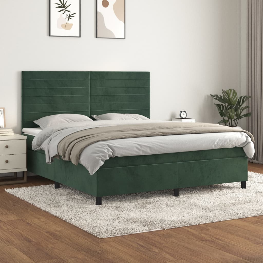 Pat box spring cu saltea, verde închis, 160x200 cm, catifea