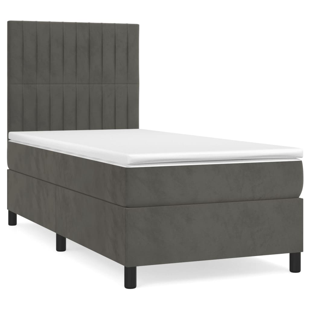 Pat box spring cu saltea, gri închis, 90x200 cm, catifea