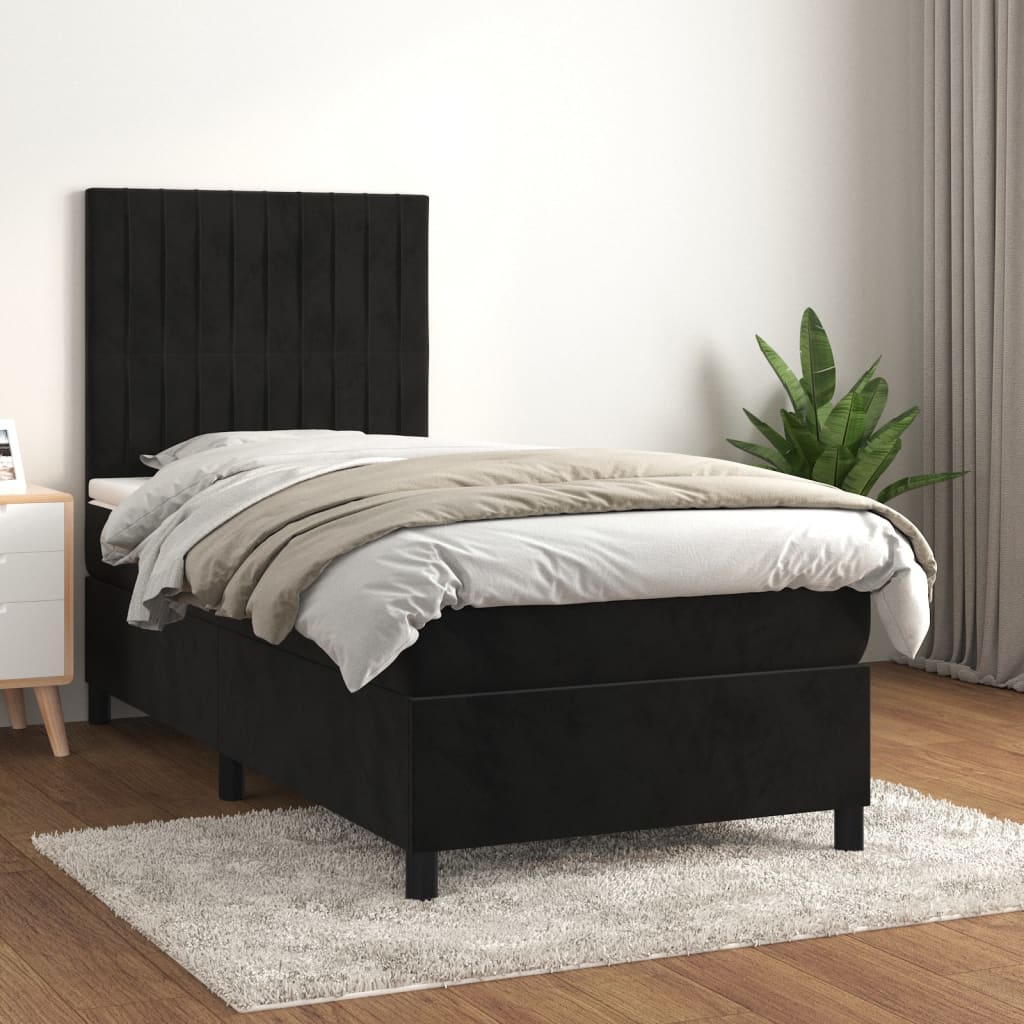 Pat box spring cu saltea, negru, 90x200 cm, catifea