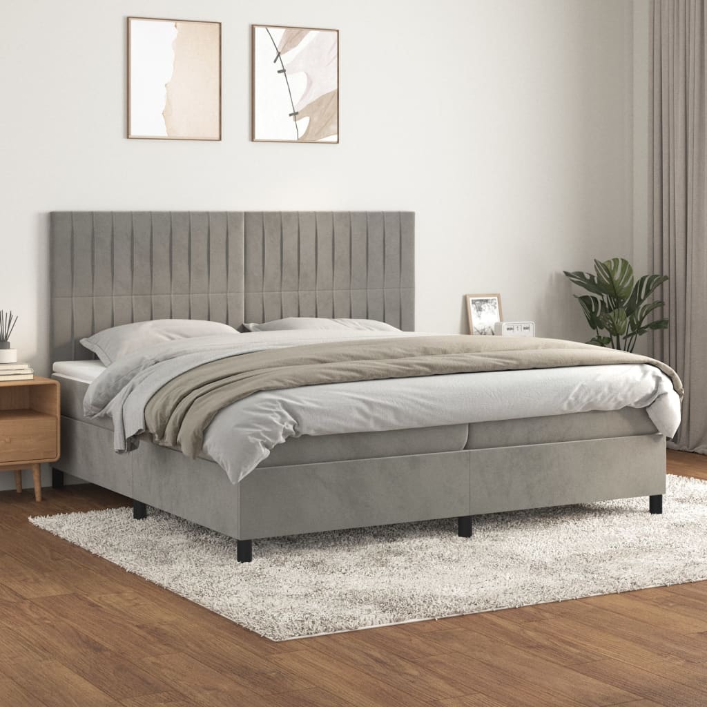 Pat box spring cu saltea, gri deschis, 200x200 cm, catifea